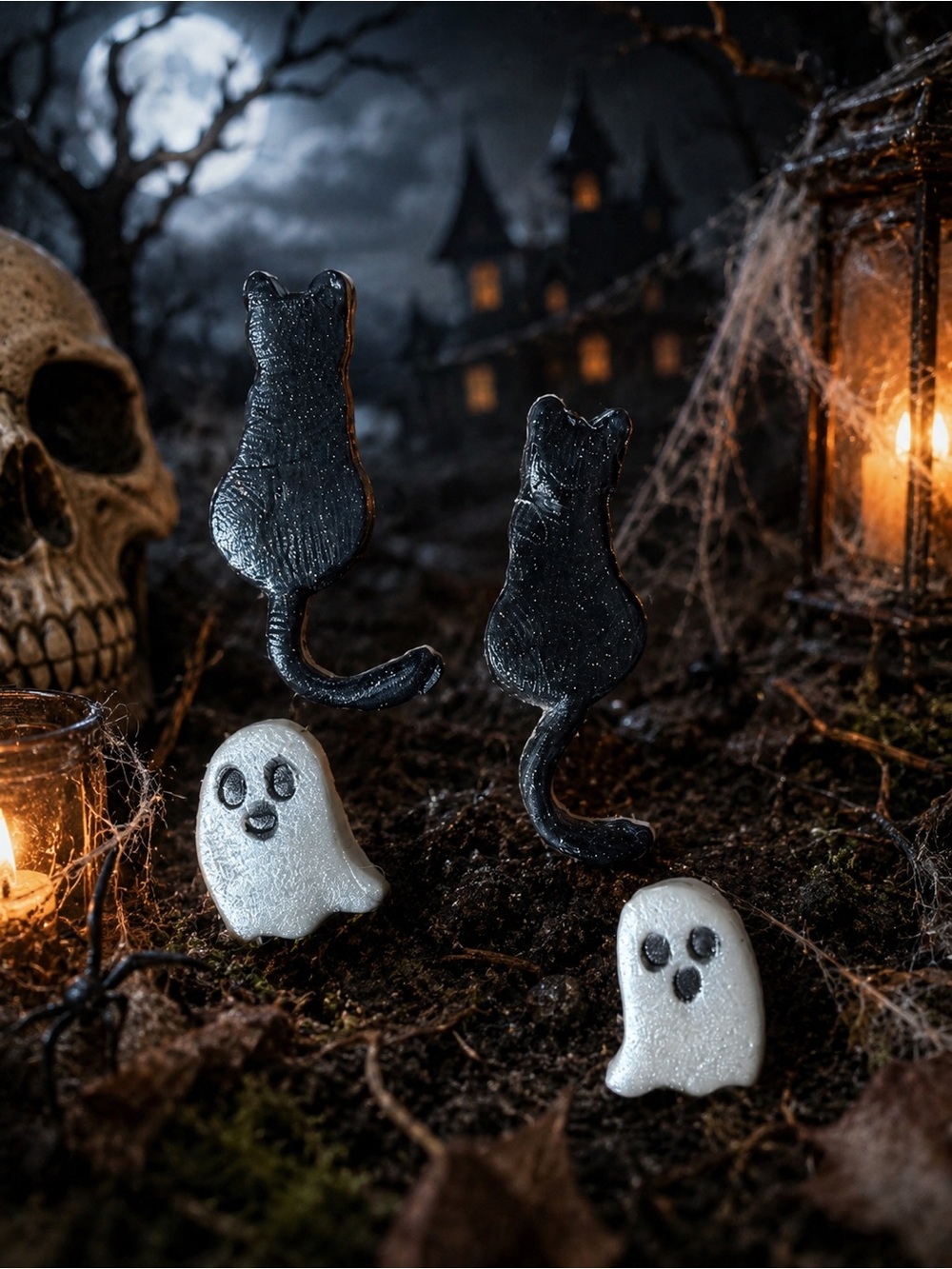 Handmade Halloween Cat & Ghost Earrings - Black and White